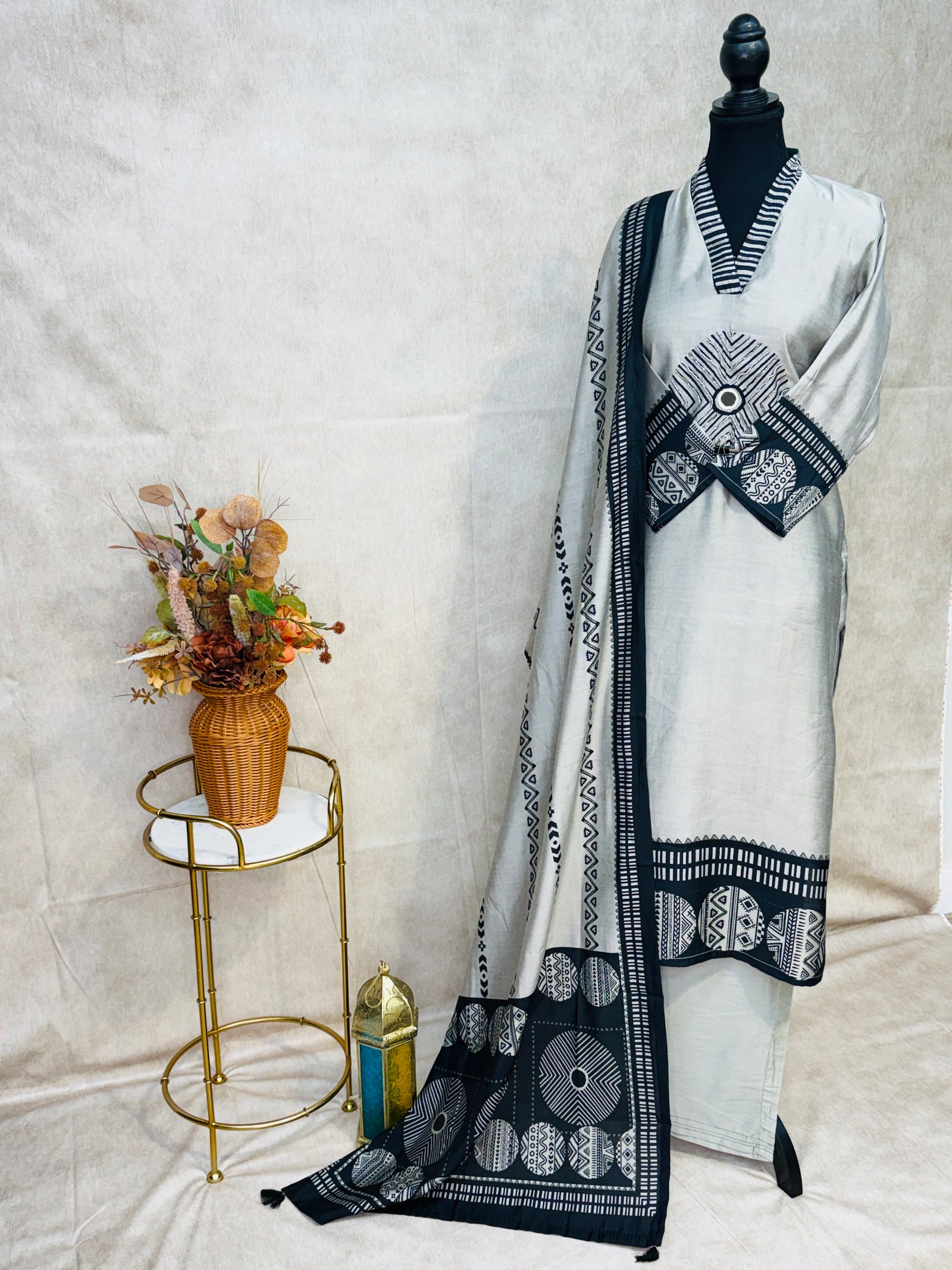 Pure Muslin Cotton Suit in Black & Grey Contrast